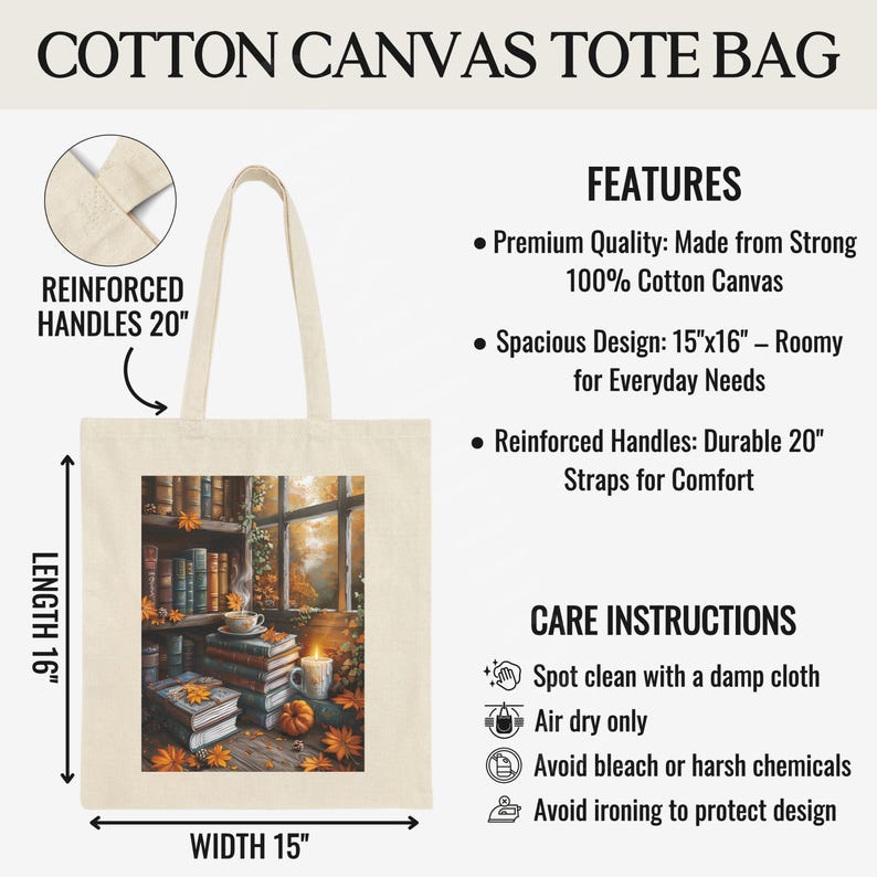 Cotton canvas tote bag featuring a cozy autumn library scene with stacked vintage books, a steaming coffee cup, glowing candle, pumpkins, and fall leaves by the window. Perfect gift for book lovers and cozy fall style - size chart and features