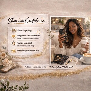 May include: An image featuring a woman holding a phone with a floral case, a coffee cup, and other phone cases. The text "Shop with Confidence" and "Classi Harmony Tech - Where Style Meets Soul" are also visible.