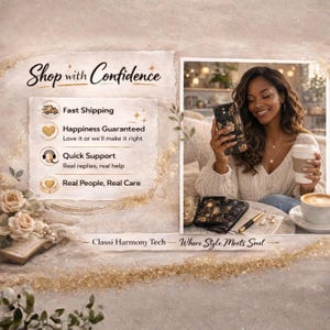 May include: Image featuring a woman holding a phone with a floral case, a coffee cup, and other phone cases. The text "Shop with Confidence" and company information are also visible.
