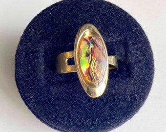 Vintage 1970s Oval Sleek Modern Design Iridescent Quality Stylized Gold Tone Band One Size NOS Jewelry Never Used Ring Metal Gift