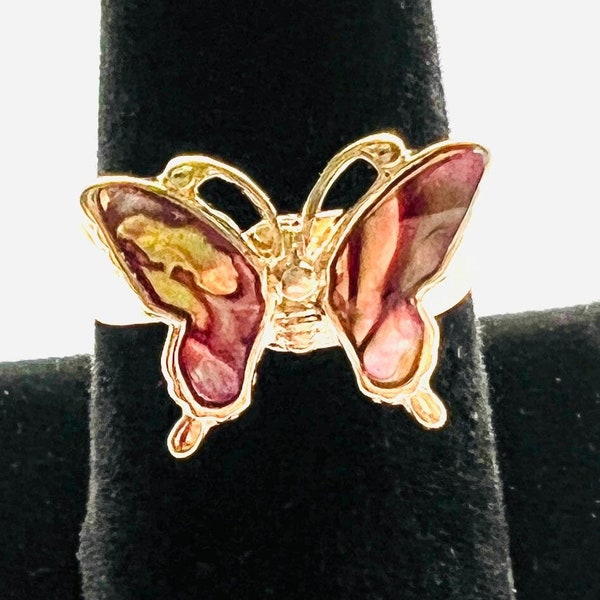 Vintage BUTTERFLY Ring 1970s ADJUSTABLE Iridescent Quality Never Used Stylized Gold Tone Band One Size NOS Jewelry Glamorous Metal Gift