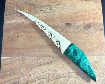 Vintage Bone Carved Green Malachite Letter Opener Desk Gift Collectible