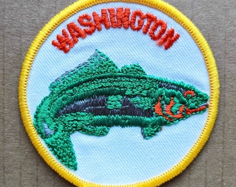 WASHINGTON Patch Vintage 1970s Unused Travel Souvenir State White Colorful Fish Embroidered Cloth Iron or Sew On NOS Craft DIY Appliqué Gift