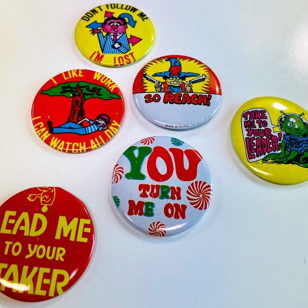 1970s Buttons SET of 6 MOD Buttons Vintage 70s Metal Pin Backs Humor Sarcasm NOS Never Used Badges Joke Gag 1 1/2 inch Psychedelic Gift