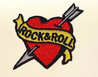 I Heart ROCK and ROLL Patch Embroidered Tattoo Arrow Dagger Thru Heart Unused Appliqué Craft Iron On Sew On DIY Music Love Gift