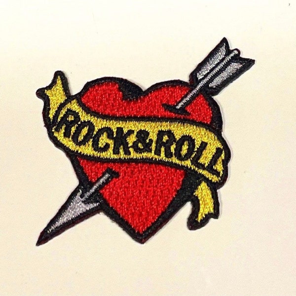 I Heart ROCK and ROLL Patch Embroidered Tattoo Arrow Dagger Thru Heart Unused Appliqué Craft Iron On Sew On DIY Music Love Gift