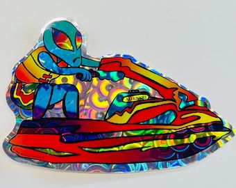 Vintage 90s ALIEN Rainbow STICKER on Jet Ski Holographic Rave Sticker Unused Decal Psychedelic UFO Prism Gift