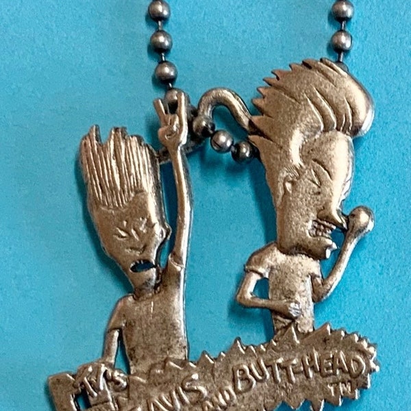 Original 90s Beavis and Butthead Pewter Charm Necklace Vintage UNISEX Unworn Headbangers on ball chain Licensed Stamped MTV Mike Judge Gift