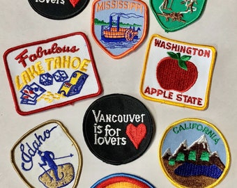 Vintage 1970s Set of 9 Patches America Tourist PATCH  Never Used Iron or Sew On West Virginia Vancouver San Diego Tahoe Travel Souvenir
