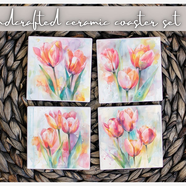 Summer Tulips Ceramic Coaster Set- Colorful Flower Drink Tile, Watercolor Nature Art, Spring Coffee Table Decor, Cute Handmade Gift for Mom