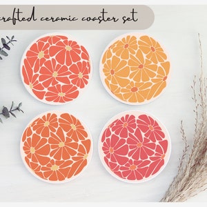 Retro Floral Coaster Set of 4, Artsy Aesthetic Ceramic Coasters, Mothers Day Gift, Modern Home Aesthetics, Flower Coasters, Dining Table