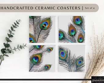 Handmade Ceramic Coasters, Peacock Feather Coaster Set of 4, Handmade Housewarming Gift, New Home Gift, Colorful Feather Art Decor, Peacock