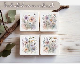 Floral Tile Coasters Set of 4- Handmade Wildflower Ceramic Coasters in Watercolor Pastel Colors, 4x4  Decorated Tile, Cork Backed Coaster