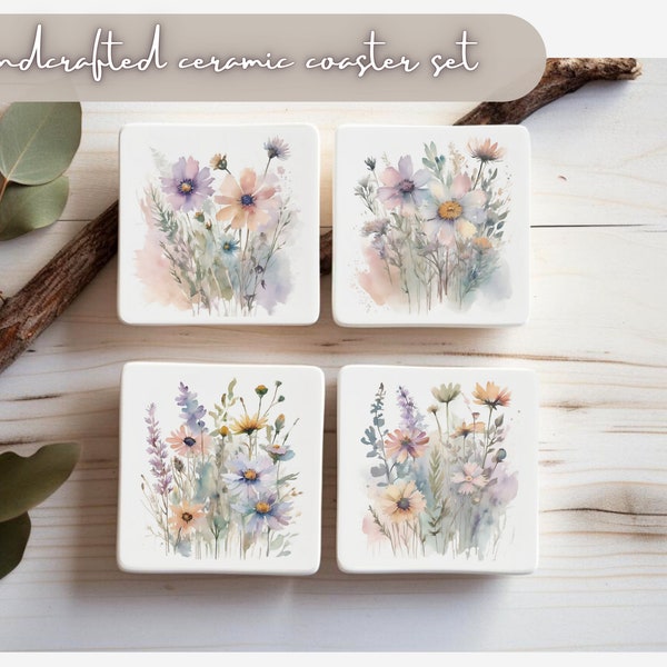 Floral Tile Coasters Set of 4- Handmade Wildflower Ceramic Coasters in Watercolor Pastel Colors, 4x4  Decorated Tile, Cork Backed Coaster