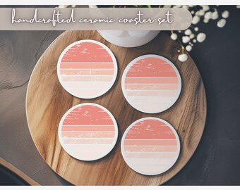 Chic Coasters Coral Color Gradient Print, Aesthetic Ceramic Round Coasters Set of 4 Coral Striped Gradient, Coffee Cup Coasters Patterns