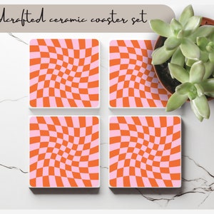 Artsy Retro 70s Checker Coaster Set, Vintage Funky Colorful Ceramic Coasters, Retro Home Aesthetics Drink Barware Gift, Dining Table Decor