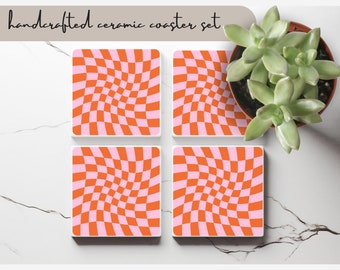 Artsy Retro 70s Checker Coaster Set, Vintage Funky Colorful Ceramic Coasters, Retro Home Aesthetics Drink Barware Gift, Dining Table Decor