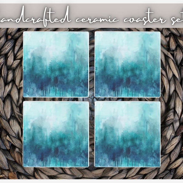 Turquoise Tile Coaster Set, Teal Watercolor Ceramic Drinkware, Artsy Table Accents, Blue Green Color Palette, Aesthetic Home Gifts for Decor