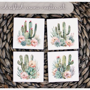 Watercolor Cactus Ceramic Coaster Set of 4- Cute Desert Floral and Succulent Home Decor, 4x4 Cork Backed Drink Tile, Best Selling Gift Items