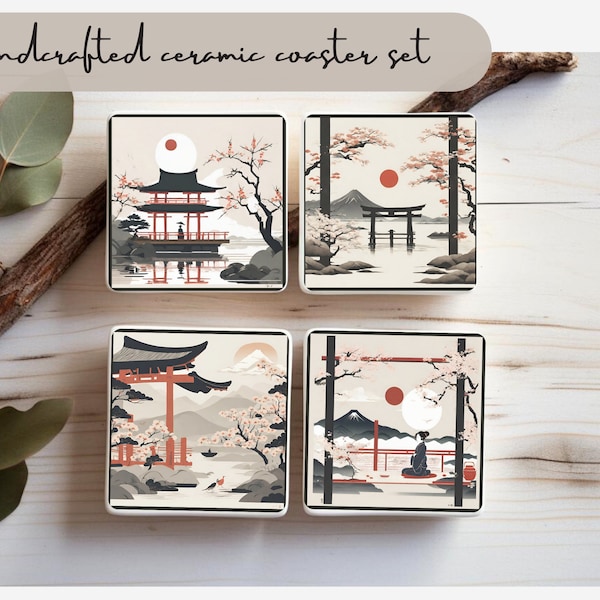 Japandi Art Tile Coasters- Aesthetic Japanese Ceramic Coaster Set, Cork Backed Coaster, Japanese Dining Table Decor, Best Selling Items