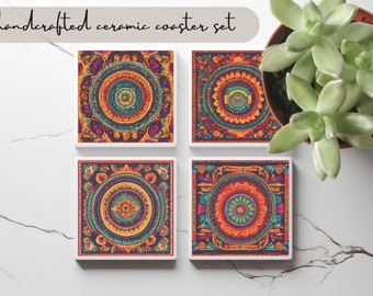 Colorful Mexican Art Home Aesthetic Decor, Handmade Mexican Art Ceramic Coaster Set, Dining Table Drinkware wine beer, Latin Functional Art