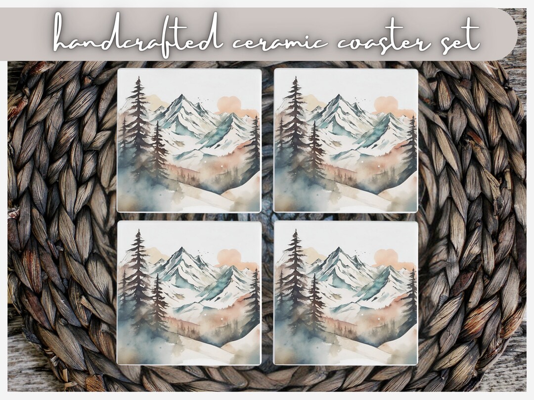 Rustic Coaster Graphics Rustic Mountains Drink Coasters, Handmade Ceramic Coaster Set, Nature ...