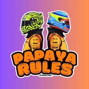 May include: Two cartoon race car drivers wearing yellow and blue helmets with the text "Papaya Rules" and the social media handle "@vinnovations_" below.