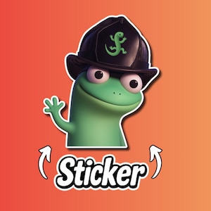 May include: A green cartoon lizard wearing a black hat with a green lizard emblem. The sticker has the word "Sticker" in white text with curved arrows on an orange background.