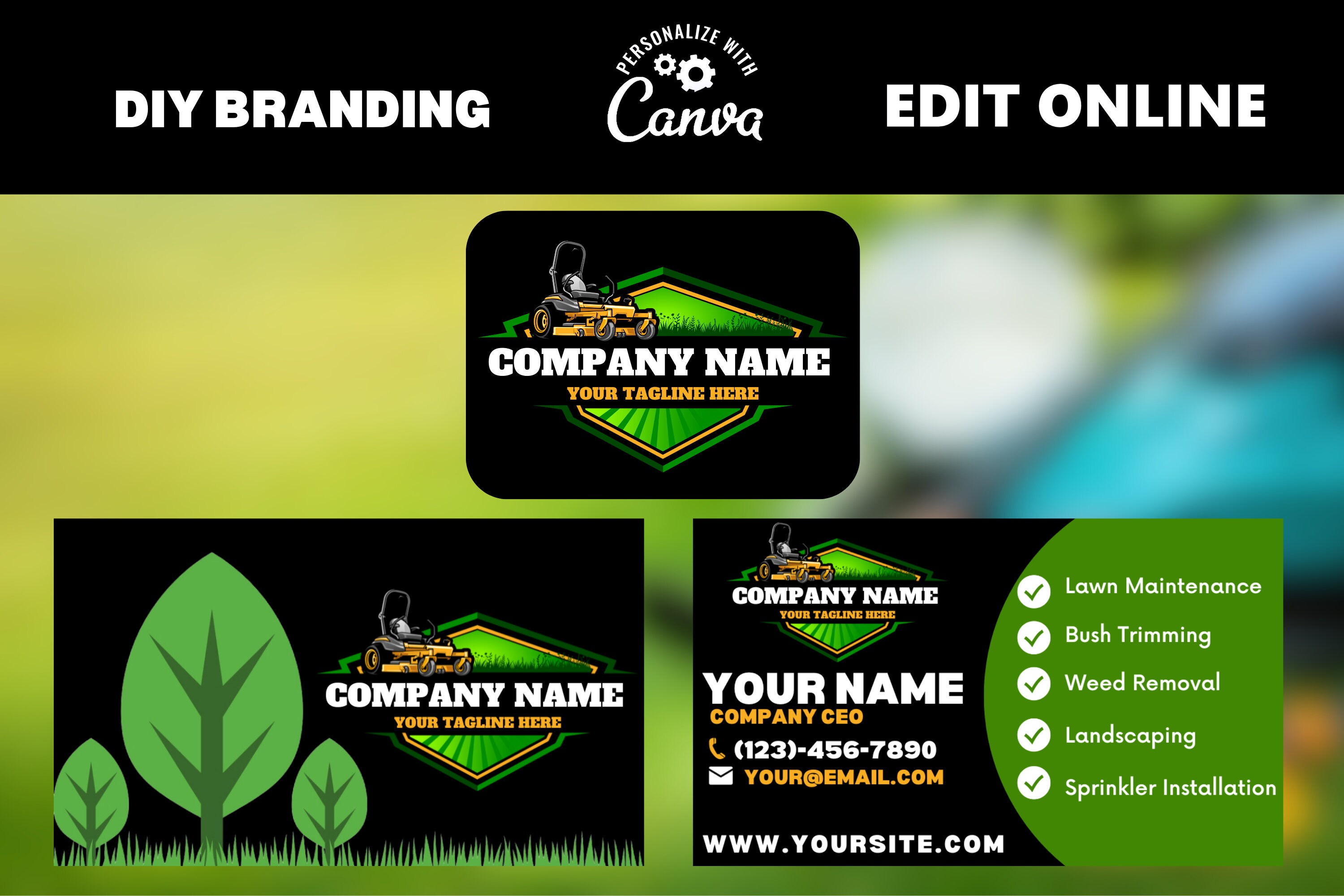 LAWN CARE Logo Business Card, Landscaping Logo, Lawn Mower, Zero Turn