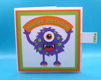 Carte d'anniversaire 3D interactive monstre oeil tournant.