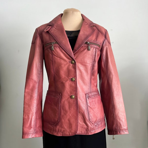 vintage danier leather y2k 2000s pink coral rust jacket moto boho rustic western faded women's small