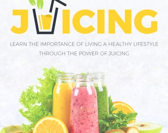 May include: A white surface with a variety of fruits and vegetables, including a banana, orange, kiwi, apple, and leafy greens. There are three glass bottles filled with different colored juices: yellow, pink, and green. The text "HEALTHY JUICING" is at the top of the image. The text "LEARN THE IMPORTANCE OF LIVING A HEALTHY LIFESTYLE THROUGH THE POWER OF JUICING" is below the bottles.