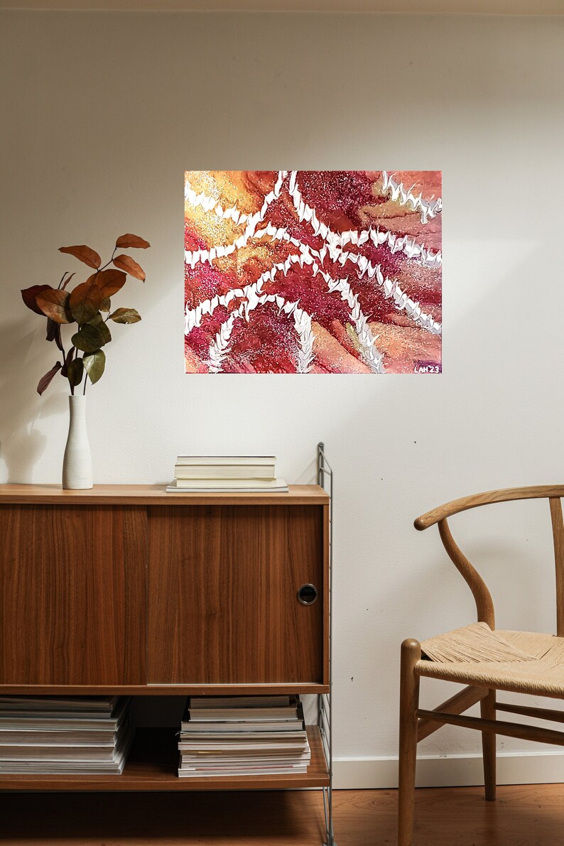 May include: Abstract painting with white, red, and orange colors. The painting features a swirling pattern of white lines on a red and orange background.