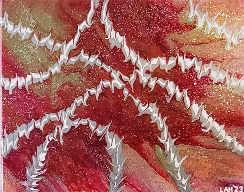 May include: Abstract painting with swirling white lines on a red, orange, and gold background. The painting has a glittery texture.