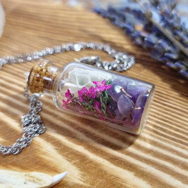 Purple Pink Snake Shed Pendant Necklace- Handmade, Jewelry, Flowers, Moss, Chain, Pagan, Ball Python, Occult, Wicca, Witchcraft