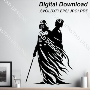 May include: Black and white silhouette of Darth Vader and Luke Skywalker from Star Wars. The image is a digital download in SVG, DXF, EPS, JPG, and PDF formats.