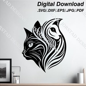 Puede incluir: Diseño de descarga digital en blanco y negro de dos caras de gato estilizadas, una mirando hacia la izquierda y la otra hacia la derecha, con sus cuerpos entrelazados.