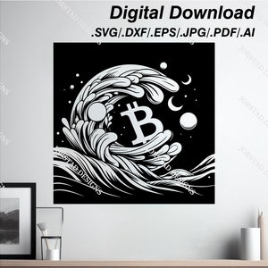 Op de afbeelding: Zwart-witte digitale illustratie van een golf die over een Bitcoin-symbool breekt. De golf is gestileerd met een Japanse esthetiek. De achtergrond is zwart met witte sterren en halve manen.