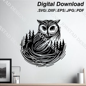 May include: Black and white illustration of an owl with its wings spread out, surrounded by a forest of pine trees. The owl is looking to the right, and its eyes are wide open. The illustration is in a circular shape.