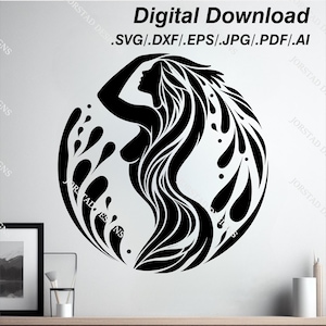 May include: Black and white silhouette of a woman with long flowing hair, surrounded by stylized water droplets, forming a circle.