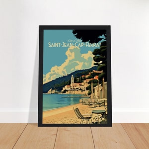 Saint-Jean-Cap-Ferrat France Imprimer Poster de voyage sur la côte française Impression d'art de plage française Impression d'illustrations France Black Wood