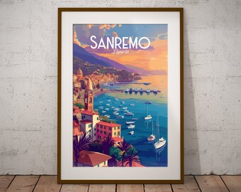 Sanremo Italie Imprimer | Affiche de voyage sur la côte italienne | Impression d’art de la ville italienne | Impression d’illustration d’Italie | Art mural de voyage en Italie