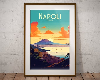 Naples - Baie Italie Impression | Poster de voyage sur la côte italienne | Impression d'art de ville italienne | Italie Illustration impression | Décoration murale voyage en Italie