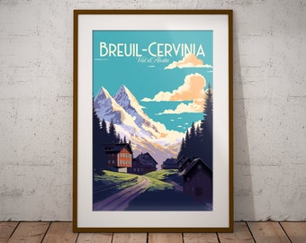 Breuil-Cervinia Italie Imprimer | Poster italien de voyage en montagne | Impression d'art de village italien | Italie Illustration impression | Décoration murale voyage en Italie