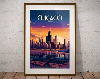 Chicago États-Unis Imprimer | Affiche de voyage de la ville américaine | Impression d’art emblématique des États-Unis | Impression d’illustration des États-Unis