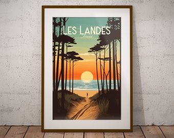 Landes France Imprimer | Affiche française de voyage de plage | Impression d'art de la région française | Impression d'illustrations françaises | Décoration murale voyage en France