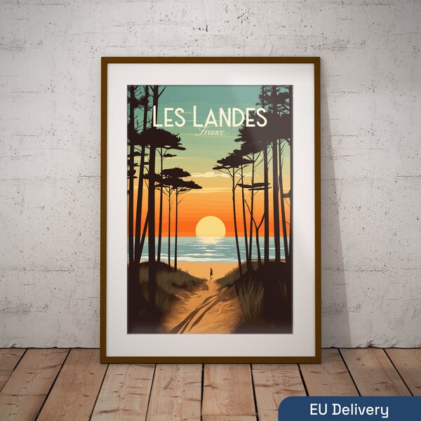 Landes France Imprimer | Affiche française de voyage de plage | Impression d'art de la région française | Impression d'illustrations françaises | Décoration murale voyage en France