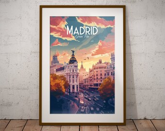 Madrid - Gran Via Espagne Imprimer | Affiche de voyage de la ville espagnole | Impression d’art emblématique espagnole | Espagne Illustration Imprimer | Art mural de voyage en Espagne