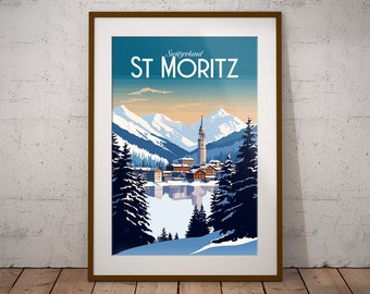 St-Moritz Suisse Imprimer | Affiche de voyage en montagne suisse | Impression d’art du village suisse | Impression d’illustration de la Suisse