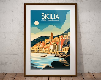 Sicilia Italie Impression | Affiche de voyage sur une île italienne | Impression d'art italienne de plage | Italie Illustration impression | Décoration murale voyage en Italie